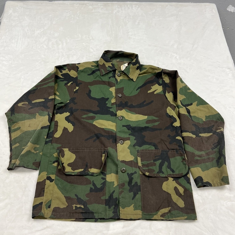 Vintage Woodland Camo Field Jacket Mens M Green Brown Military Utility Coat